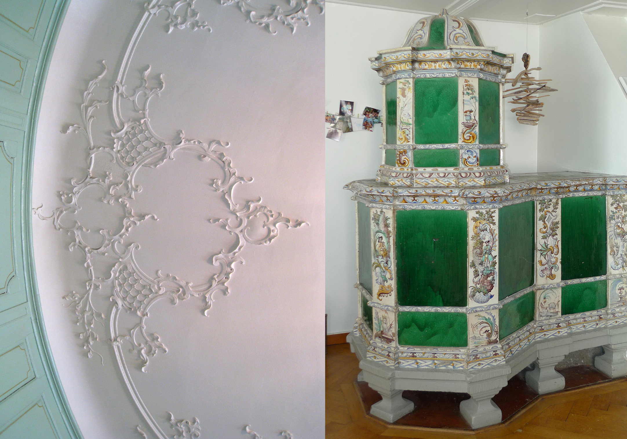 Rokoko-Stuckdecke im Rundsaal und Küchler-Ofen mit Bemalung von Caspar Wolf