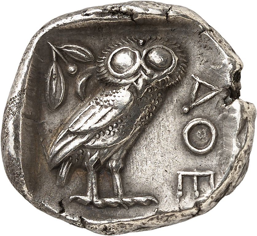Rückseite einer athenischen Tetradrachme, die eine Eule zeigt