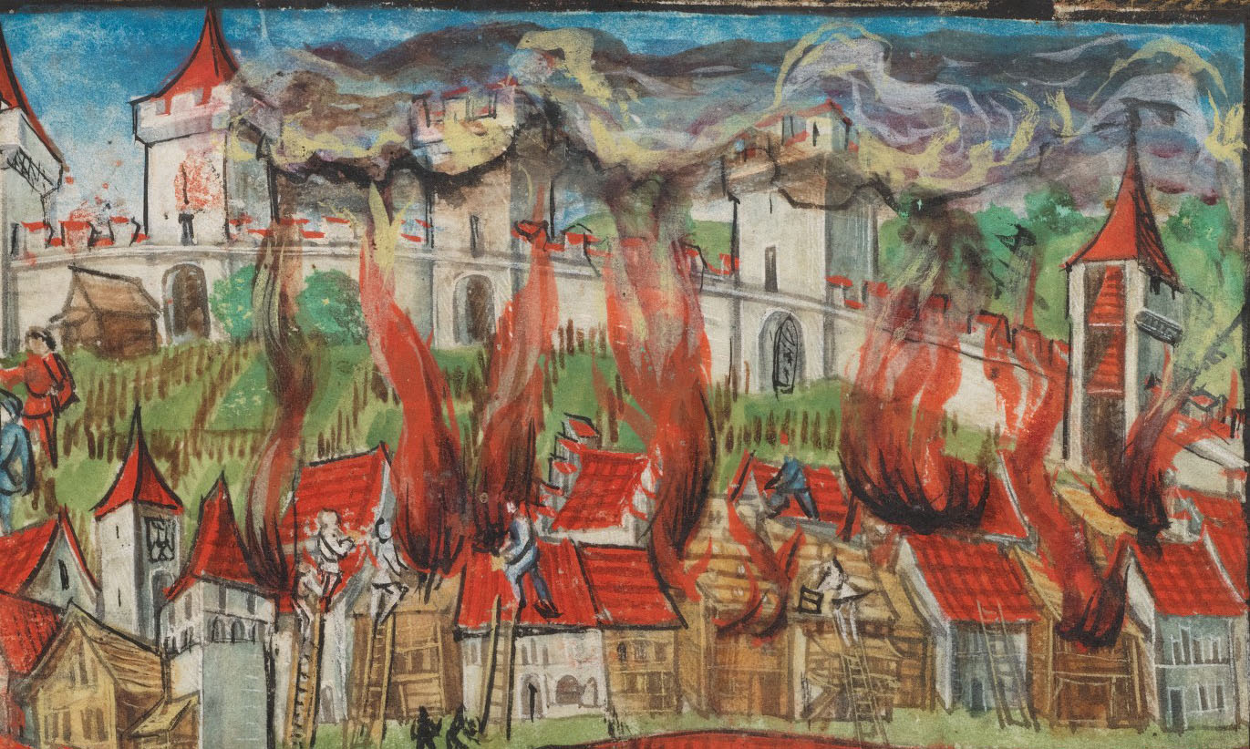 Eidgenössische Chronik des Luzerners Diebold Schilling (Luzerner Schilling), 1513, Folio 43r. Zu sehen ist die brennende Altstadt Luzern mit der Museggmauer im Hintergrund und der Kapellbrücke im Vordergrund.