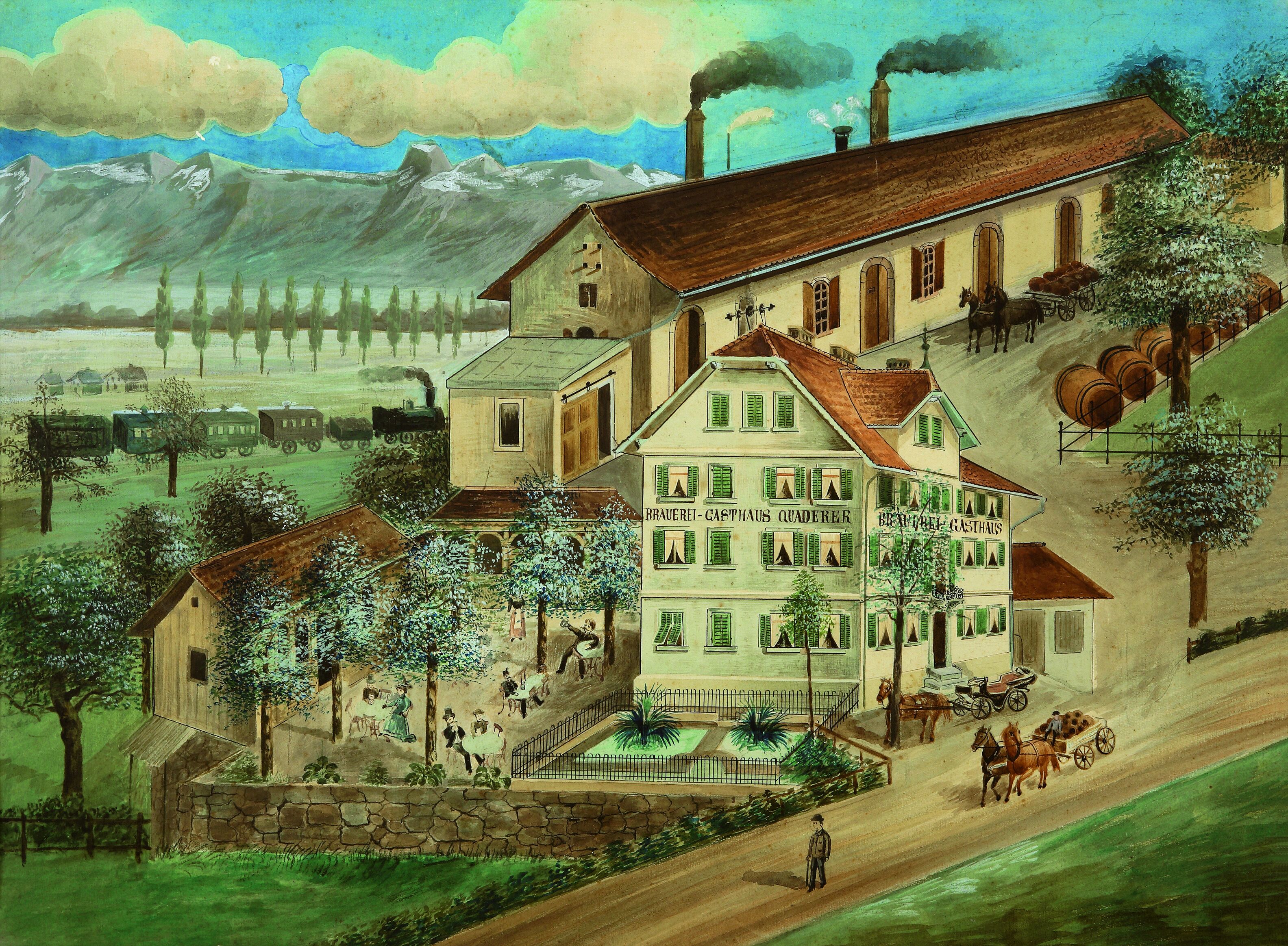 Schaan, Gasthaus Quaderer "Bierhüsle" und das alte Brauhaus im Hintergrund. Gouache, um 1910.
