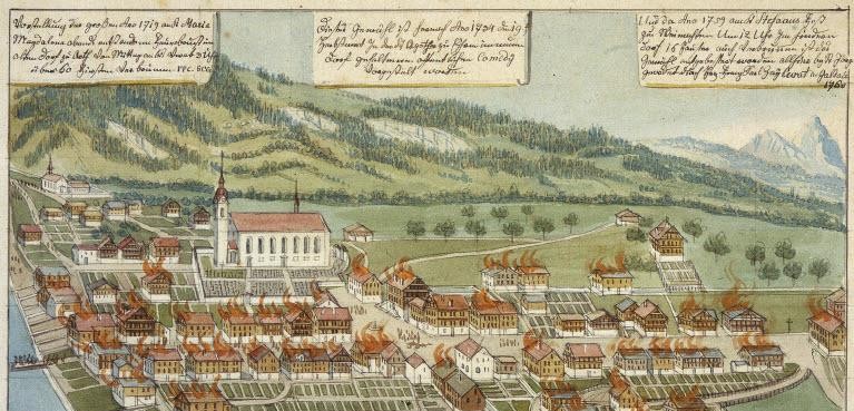 Historische Ansicht des Brandes, Ausmass und Folgen der verheerenden Brand-Katastrophe.