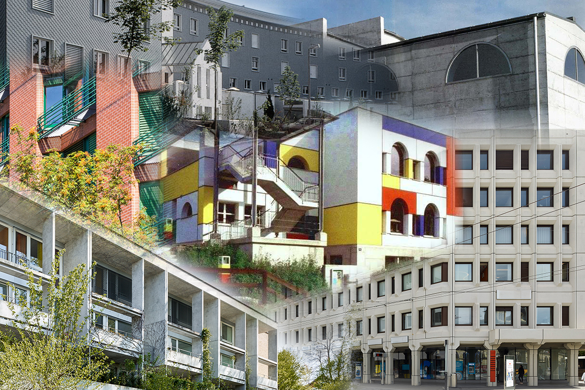 Bunte Bildcollage mit Ausschnitten von Architekturbeispielen der 1980er und 1990er Jahre