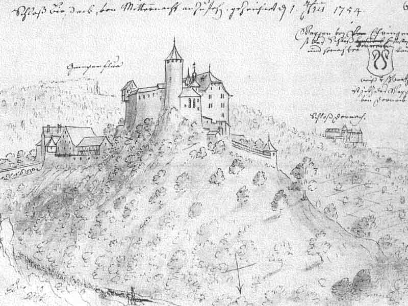 In der detailreichen Zeichnung der Burg Birseck in Basel-Landschaft wird die imposante Festungsanlage mit ihren markanten Türmen und mittelalterlichen Befestigungen dargestellt, die das Interesse und die Vorstellungskraft aller Betrachter*innen anregen soll.